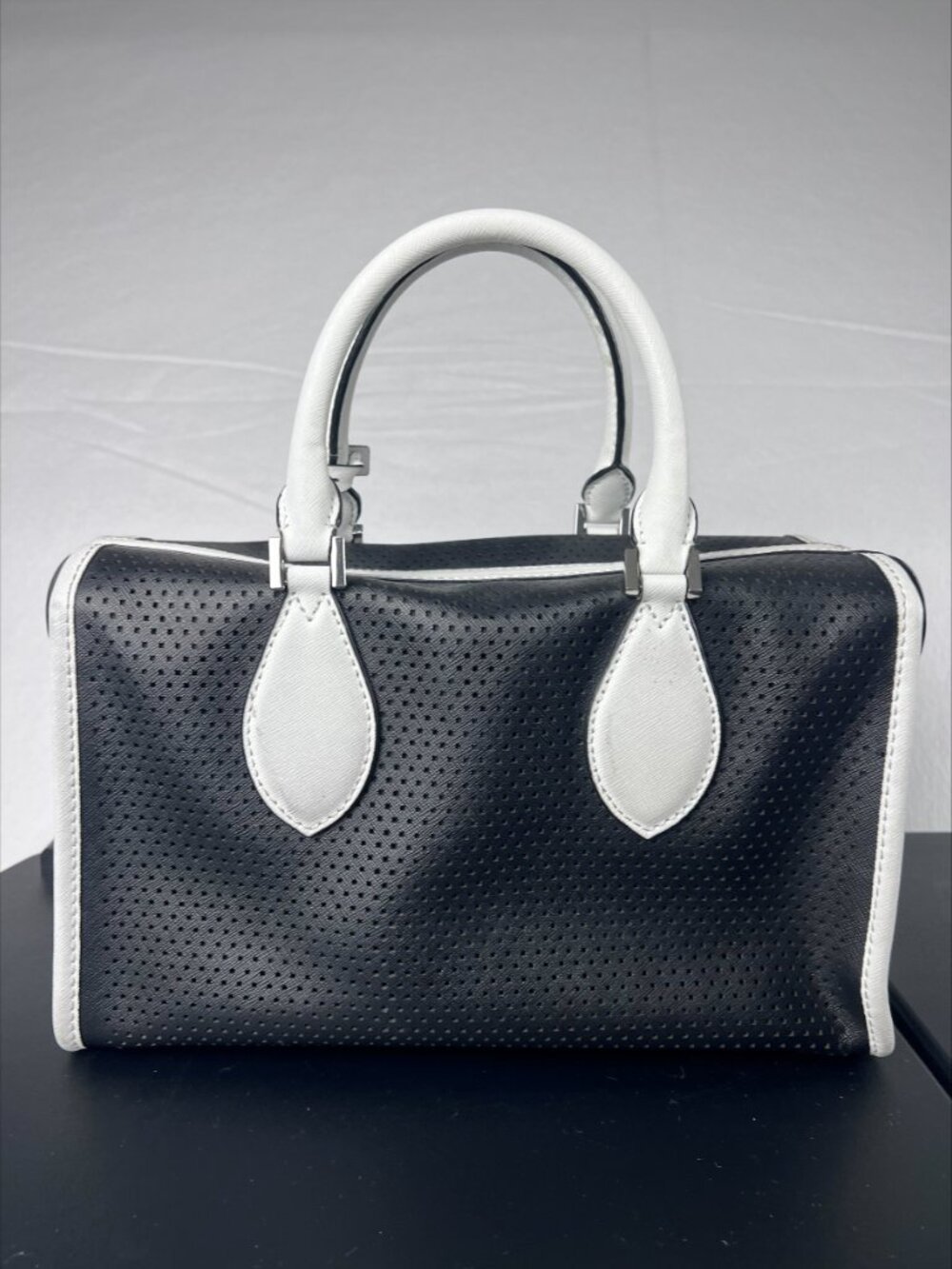 Michael Kors Black & White Perforated Leather Satchel Purse Silver Hardware - Picture 5 of 10